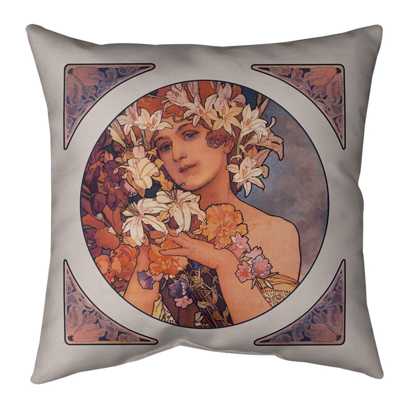 Coussin décoratif couronne de fleurs Alphonse Mucha, Bourre en polyester, 18 po x 18 po, Orange