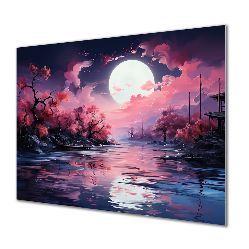 Pleine lune, ciel rose, fleur de cerisier, art mural, Sans cadre, métal, H 16 po x l 32 po