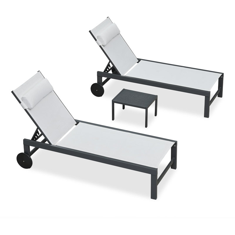 24.8" W Aluminum and Metal Reclining Outdoor Chaise Lounge Set with Wheels, White