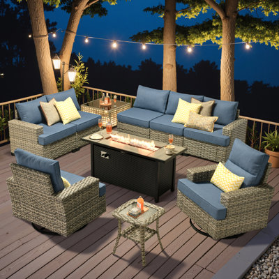 7-Person All Weather Wicker Outdoor Sectional with Swivel Rockers, LED Coffee Table, Fire Pit