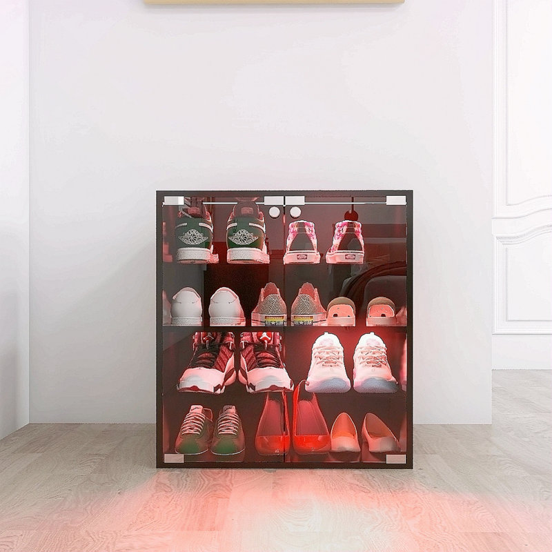 Armoire à chaussures 4 couches avec porte en verre et vitrine à chaussures en verre avec contrôle DEL Bluetooth
