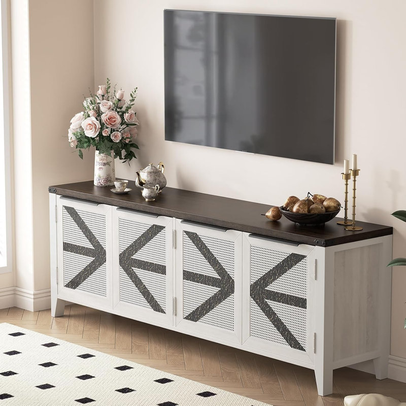 Meuble télé 70 po avec 4 portes et console multimédia industrielle pour téléviseur de 75 po ou moins, Brun / blanc