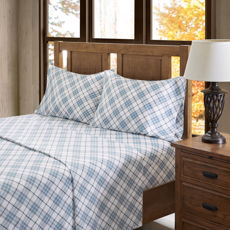 Cozy Flannel 100% Cotton Sheet Set, King Sheet Set with 2 Pillowcases, Blue Plaid