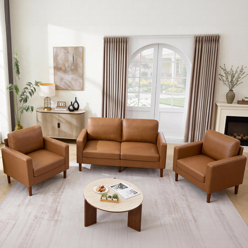 Modern 2 Accent Chairs And Loveseat Living Room Set, Mid-Century Upholstered Furniture, Coffee Faux Leather