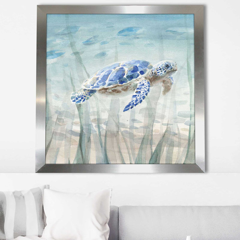 Tortue sous-marine (carré) par Danhui Nai, reproduction, Encadrement argenté, H 37,5 po x l 37,5 po x P 1 po