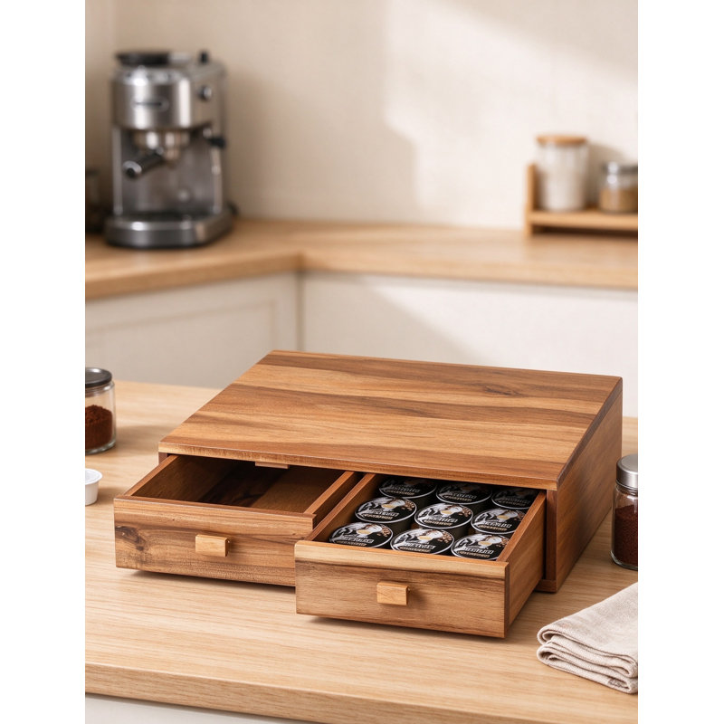 Acacia Wood Coffee Pod Storage Box with Dual Drawers, Countertop Organizer and K Cup Holder for Espresso Capsules, Tea Bags, and Kitchen Essentials