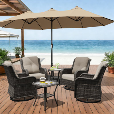 4-Person Outdoor Patio Umbrella Conversation Rattan Seating Group With 2 Coffee Table and 4 Swivel Chairs,3 Colors Available