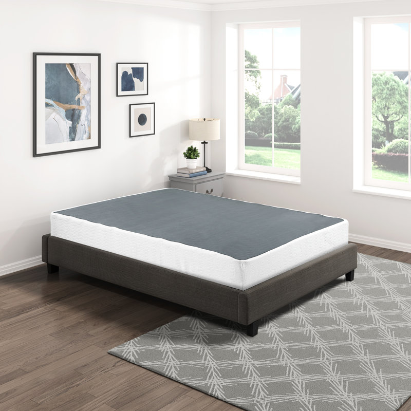 Sommier King, cadre en métal noir, revêtement en tissu texturé, 12 lattes de support, hauteur 8,5 pouces, procédure d'installation facile.