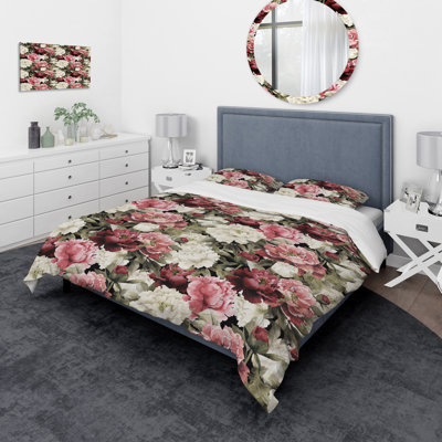 Floral Pattern with Peonies - Eclectic Floral Flower Duvet Cover Set - Microfiber Polyester