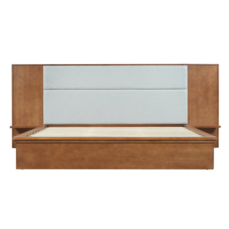 Structure de lit moderne Calix avec tête de lit tapissier et tablettes latérales intégrées, Gris pâle et brun, Très grand lit