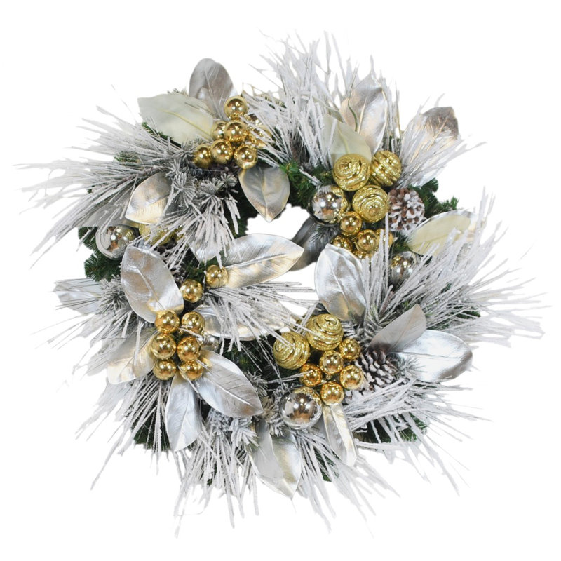 28" Holiday Wreath Decorated With Snow Branches, Magnolia Leaves And Ornaments