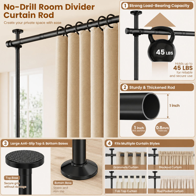 Adjustable Floor-to-Ceiling Room Divider Curtain Rod, Tension Support