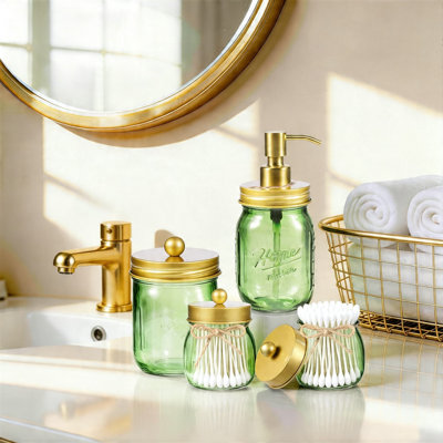 Bathroom Accessories Set, Soap Dispenser, Toothbrush Holder,4-Piece (Gold)