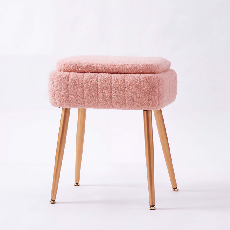 Tabouret de coiffeuse rembourré en polaire Teddy avec rangement et dossier pliant, Rose