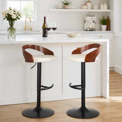Tabouret réglable avec pivot en métal noir, bois de noyer et similicuir crème avec repose-pieds arrondi en T - ensemble de 3