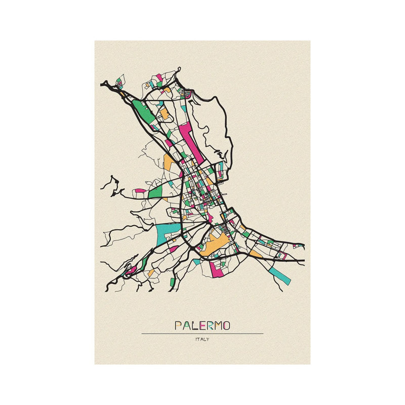 «Palermo, Italy Map» par Ayse Deniz Akerman - impression sur toile tendue, H 18 po x l 12 po x 1,5 po