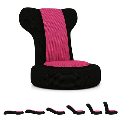 Fauteuil de jeu au sol pour adultes avec dossier inclinable à 5 niveaux, appuie-tête réglable à 15 positions, revêtement en maille, noir et gris/rose