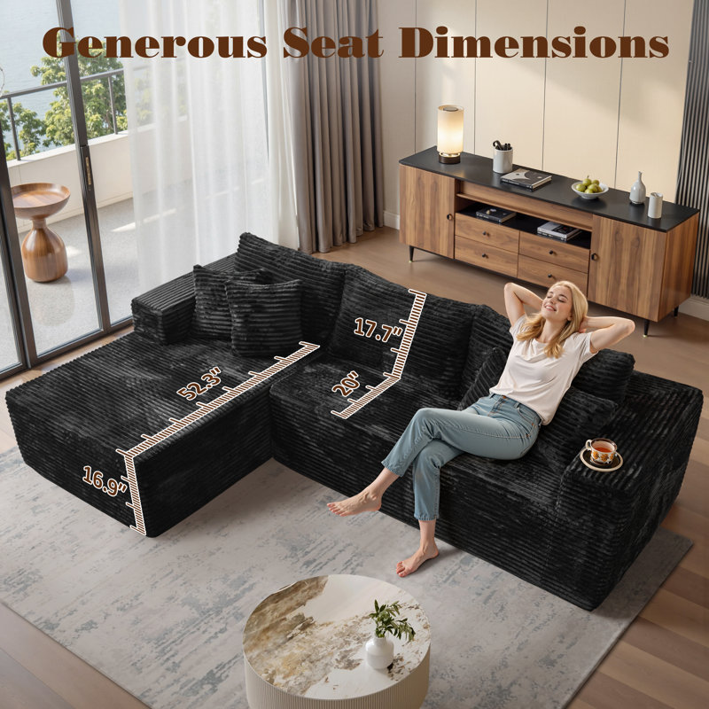 2 - Piece Upholstery Boneless Compression Sectional, Convertible Cloud-Like Sofa with No Assembly, Left Hand Facing, Black 