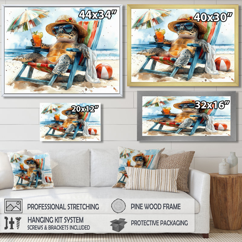 Turtle On The Beach Relaxing - Coastal Animal Wall Art Living Room, Gold Floater Framed Canvas, 34" H x 44" W x 1.5" D