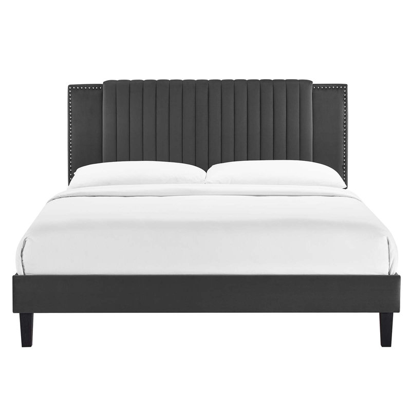 Modway Zahra Channel Tufted Performance Velvet Platform Bed, Queen, Navy