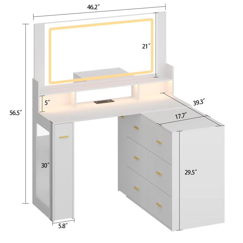 Vanity Desk With Outlet, Big Corner Vanity With Storage, L Vanity