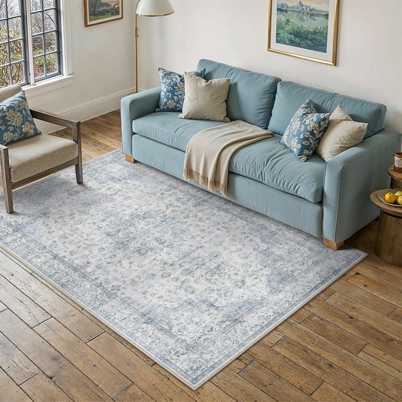 Tapis oriental lavable avec envers antidérapant Selena, Bleu, Rectangulaire 3 pi x 5 pi