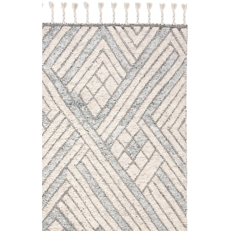 Powell Hand Knotted Wool Viscose Geometric Rug in Gray/Ivory, Rectangle 8' x 10'