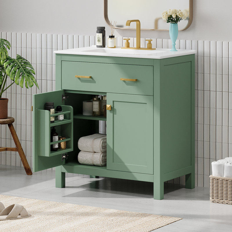 Meuble-lavabo de 30 pouces avec lavabo en céramique, 2 portes et une tablette, portes à fermeture en douceur, Vert/doré