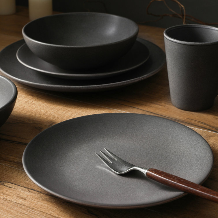 Stone Lain Grao Stoneware 16-Piece Dinnerware Set, Grey