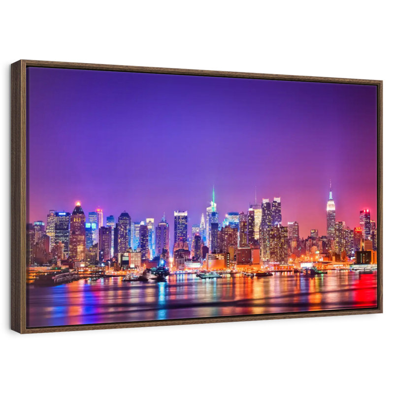 New York, la nuit, 37 po x 25 po, Cadre flottant en noyer