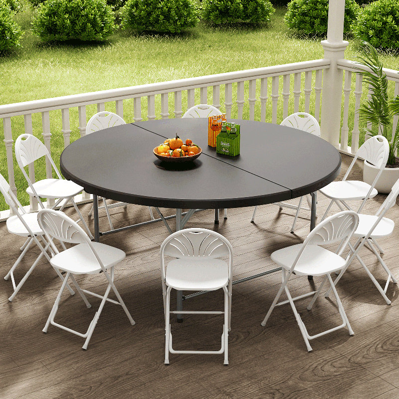Black 65" Round Collapsible Plastic Dining Table with Steel Legs