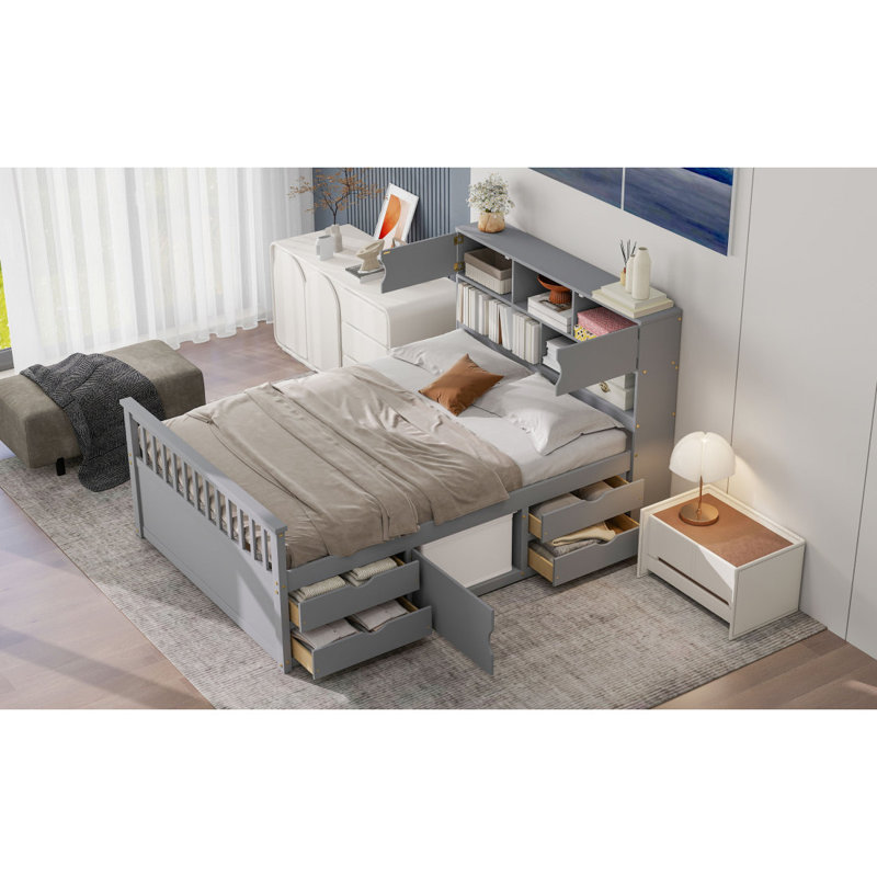 Base de lit plateforme capitaine avec bibliothèques de rangement et tablettes, quatre tiroirs, Gris