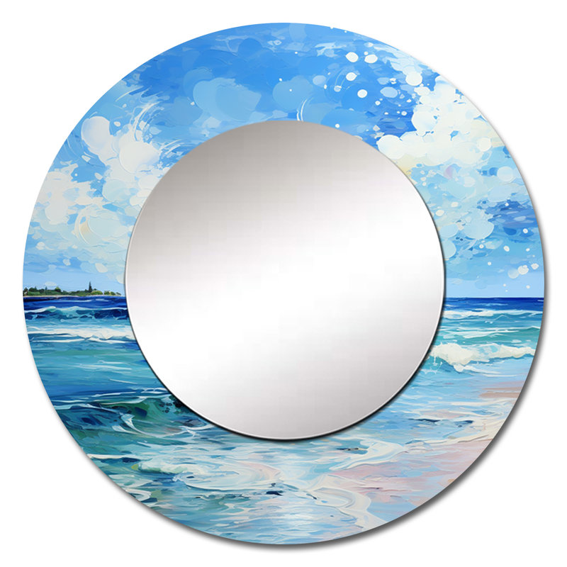 Relaxing Beach Breezes III - miroir de sable de plage, miroir mural rond bleu sarcelle, impression d'art en métal