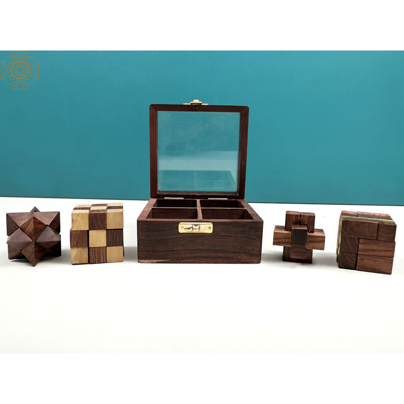 4-in-1 Wooden 3D Brain Teaser Puzzle Set – Handcrafted Strategy Game Box with Glass Lid