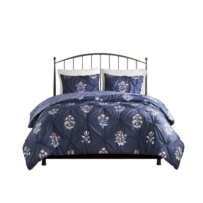 Elegant Pintuck Floral King Bedding Sets, Cotton Material, Modern Farmhouse Style For Home Comfort
