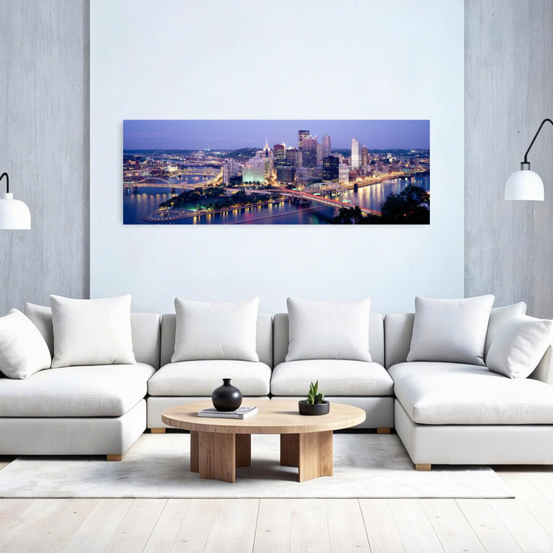 Buildings in a city lit up at dusk Pittsburgh Allegheny County Pennsylvania USA 1 Piece Wrapped Canvas Panoramic Wall Art