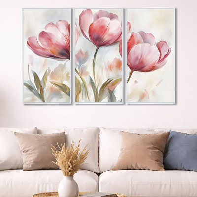 Spring Tulips in Bloom – Pink Floral Framed Wall Art Set of 3
