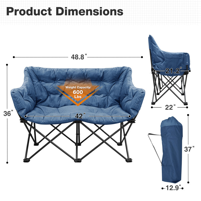Fauteuil de camping double surdimensionné pour 2 personnes avec sac de transport, Marine
