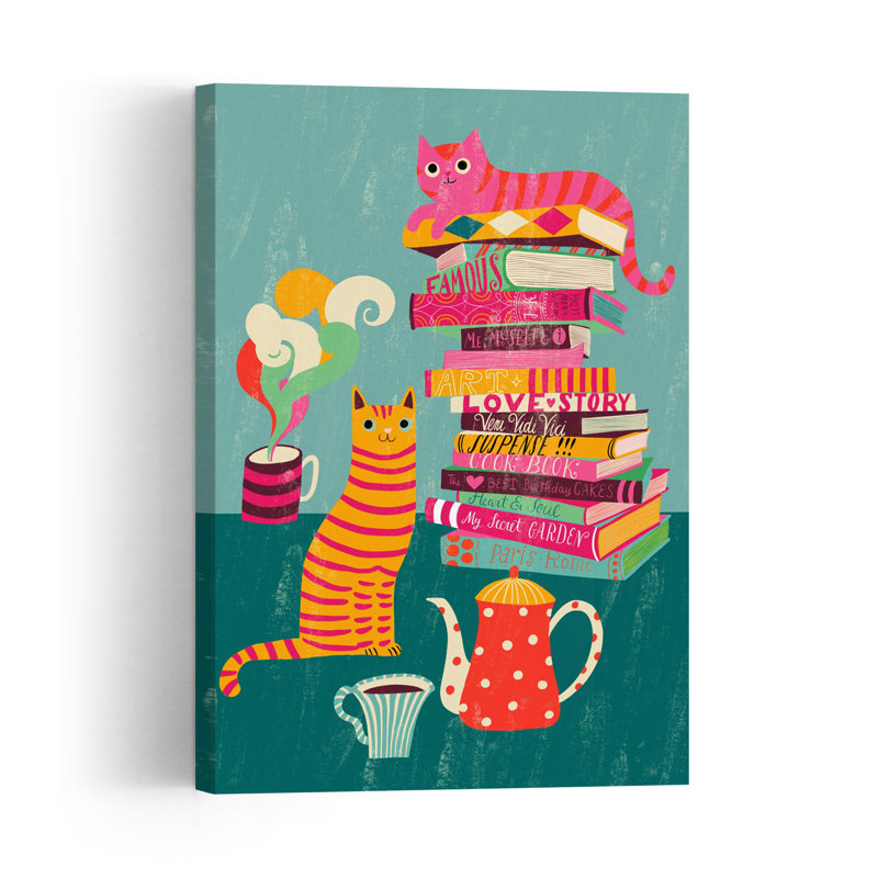 Whimsical Cats And Books Colorful Vibrant Whimsical Cat Wall Art Print 1 Piece Wrapped Canvas Wall Art, 60.96cm H x 40.64cm W