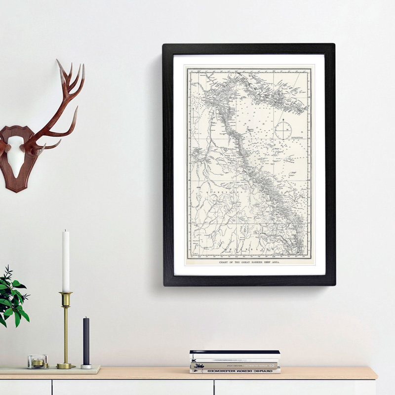 Map Chart of the Great Barrier Reef Area - Picture Frame Drawing Print, 65cm H x 48cm W x 2cm D, Black Framed