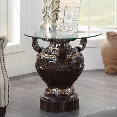 Hand-Carved Round Glass Top End Table in Black Finish with Ornate Pedestal Base