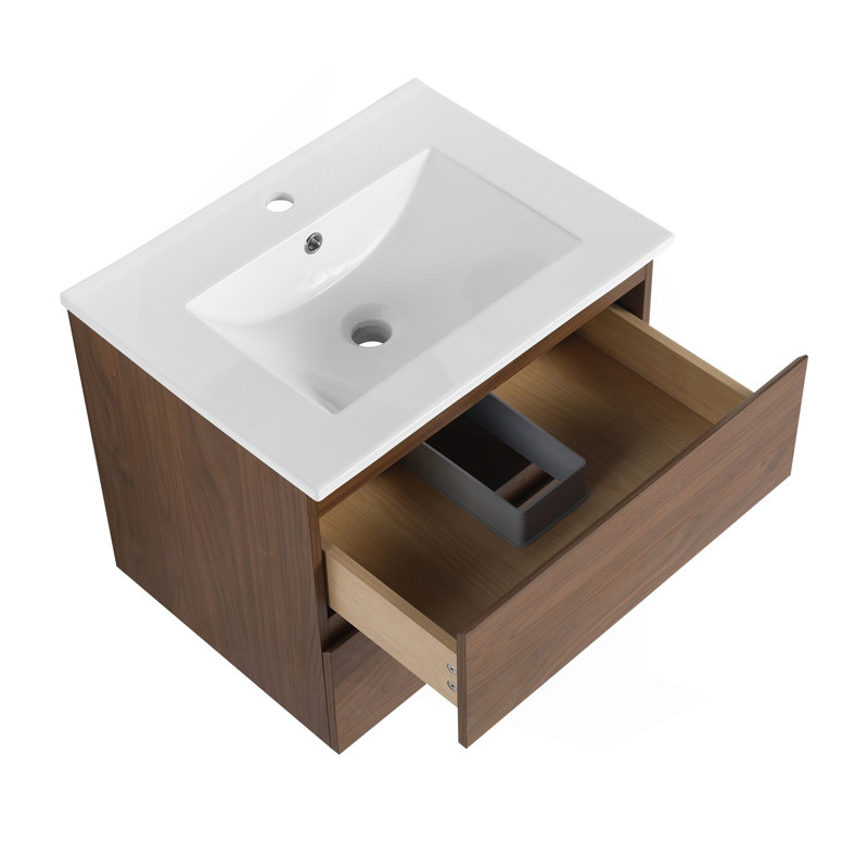 24" Wall-Mounted Bathroom Vanity With Ceramic Sink, 2-Soft Close Drawers, KD-Package, 24", Brown Oak, White