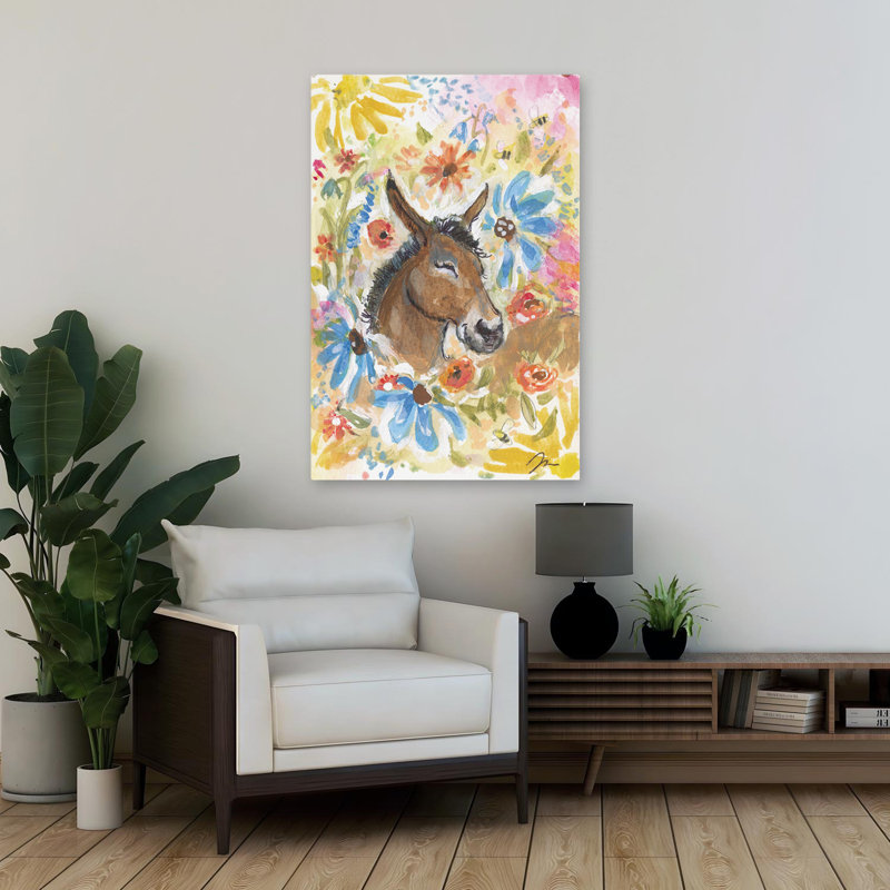 Pensez bien pensées - âne contemporain avec motif de fleurs colorées, H 24 po x l 36 po