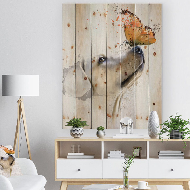 Golden retriever avec papillon - peinture sur, H 40 po x l 30 po x P 1 po