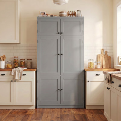 Armoire de cuisine autoportante de 80,1 po de hauteur, grande armoire de rangement grise de style Shaker avec 2 prises de courant, tablettes réglables et tablettes de porte pour la salle à manger et le salon