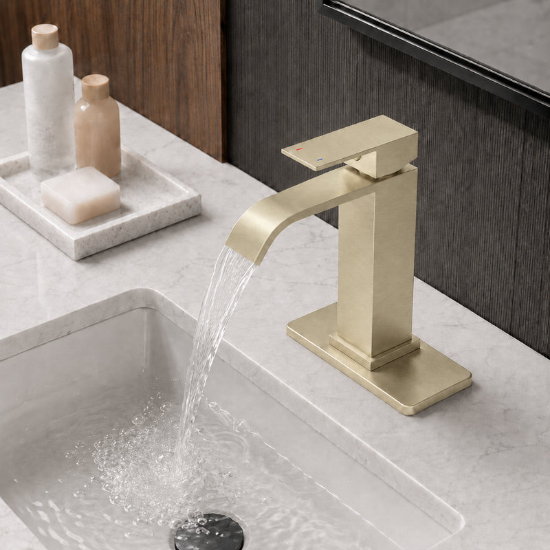 Nova Waterfall Vessel Single Hole,Single Handle Bathroom Sink Faucet with Deck Plate, Brushed Gold