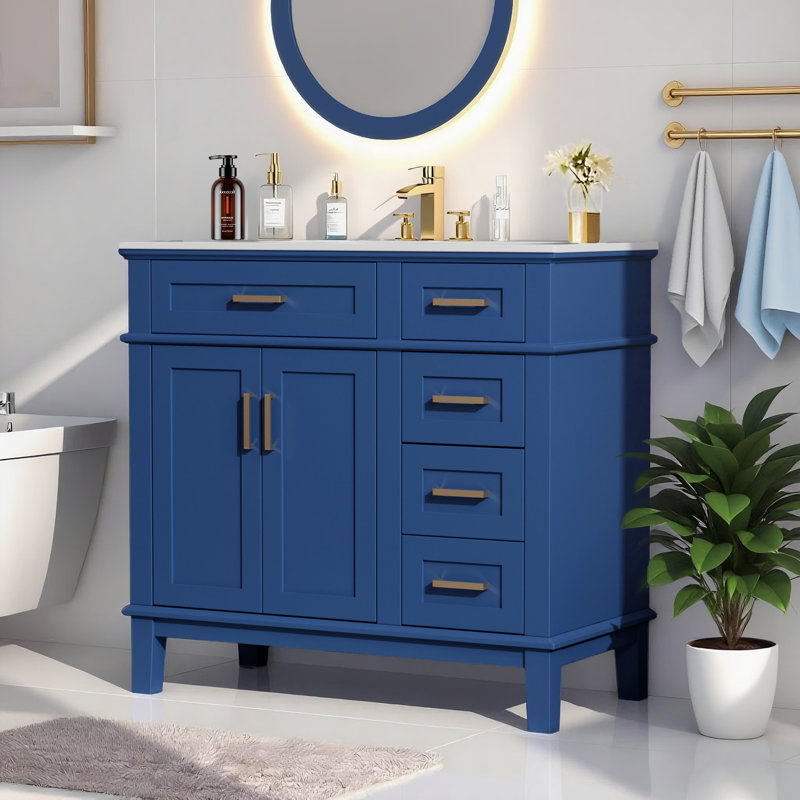 Meuble-lavabo 36 po: lavabo en céramique, 4 tiroirs à fermeture en douceur pour les petites salles de bain, Bleu