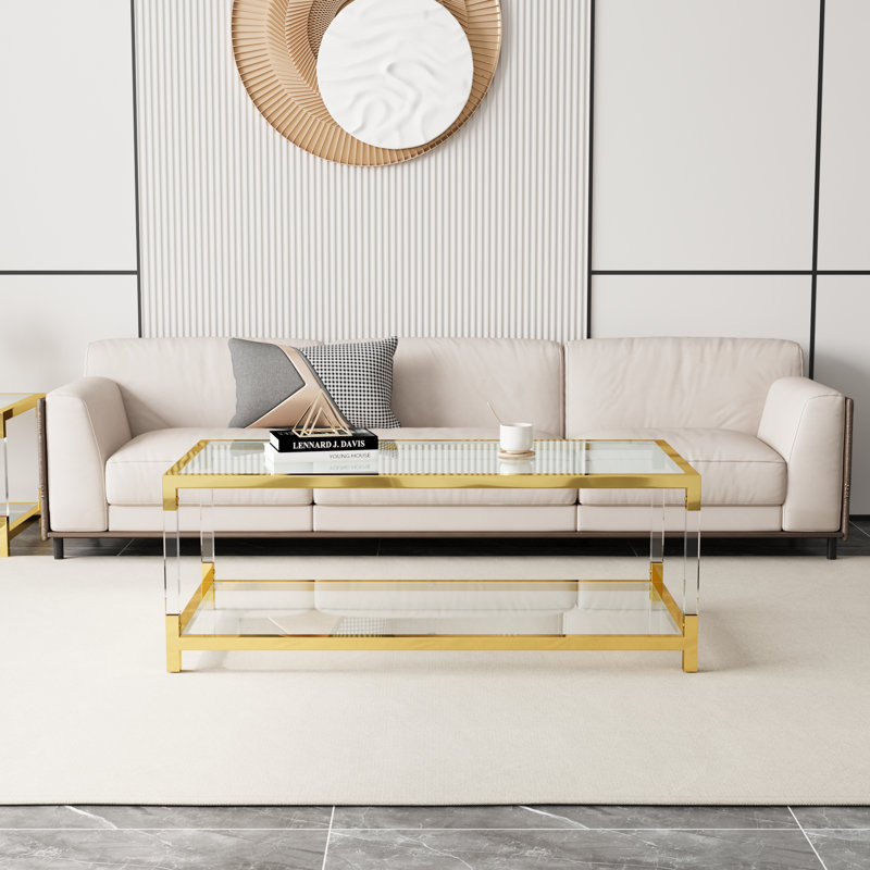 Modern Gold Glass Coffee Table with Acrylic Legs and Storage