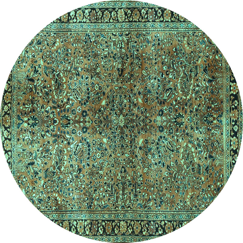 Tapis turquoise / brun / bleu marine tissé à la machine, Rond 8 pi