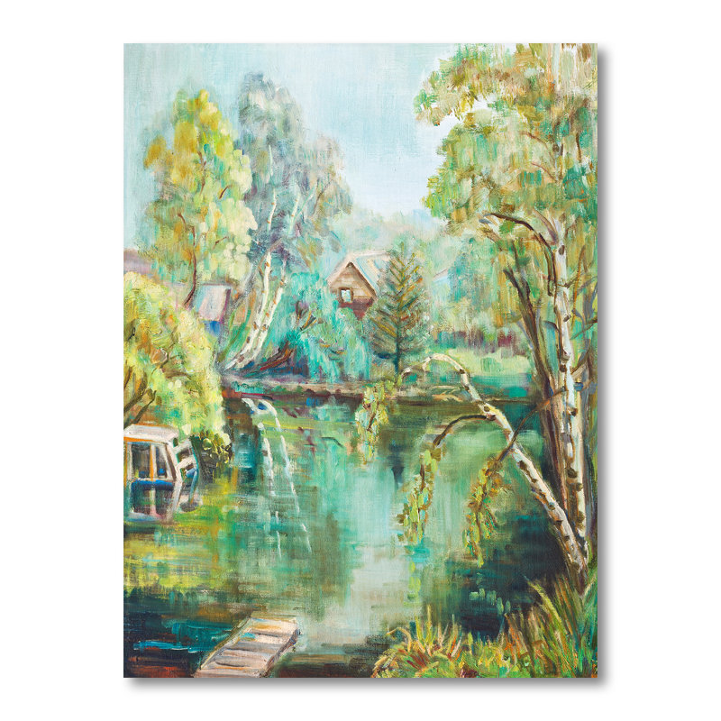 Étang vert en été - Peinture sur toile, H 32 po x l 24 po, Toile tendue